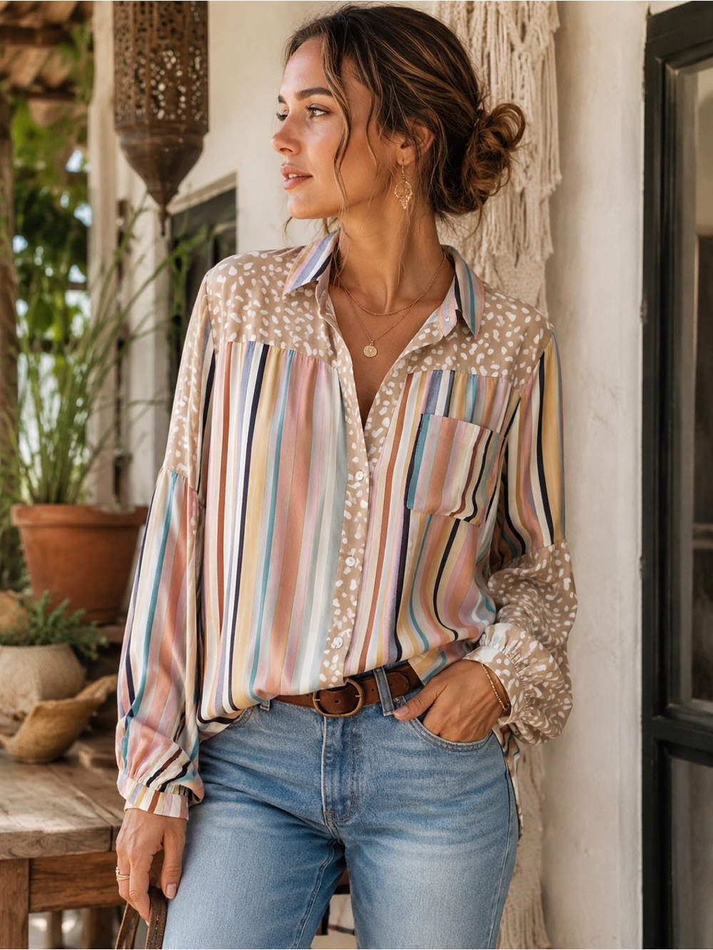 Umgee Boho Mixed Print Stripe Rayon Button Front Blouse Top Large